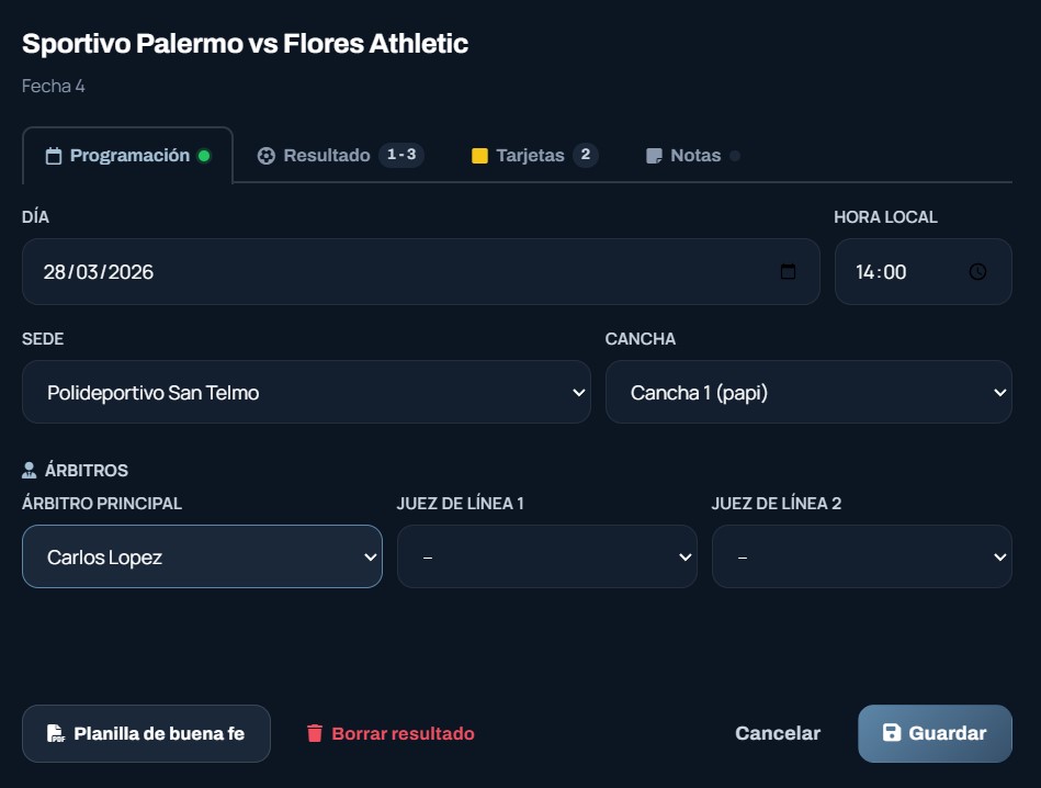 Editar programación del partido