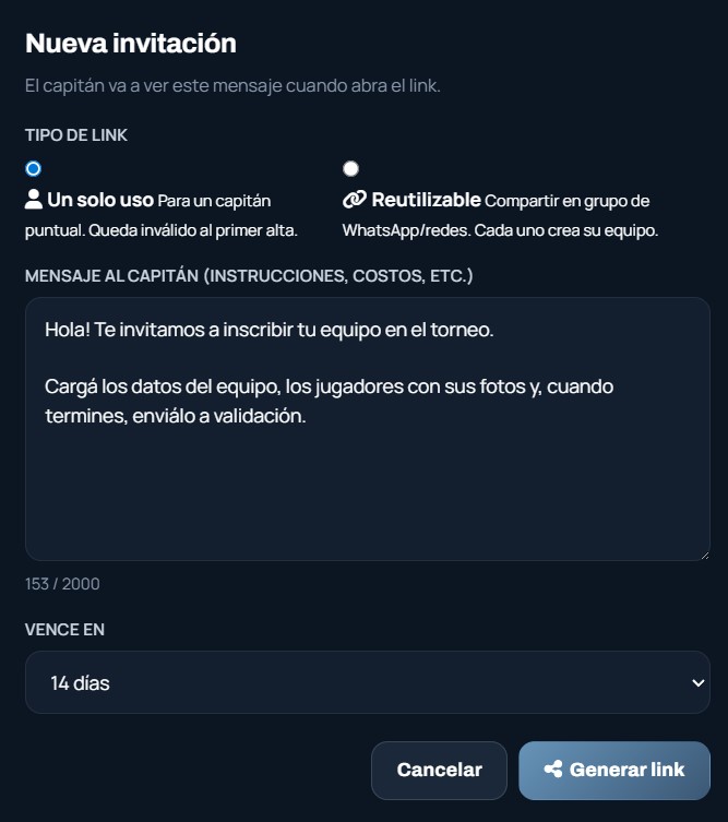 Invitar equipos con link
